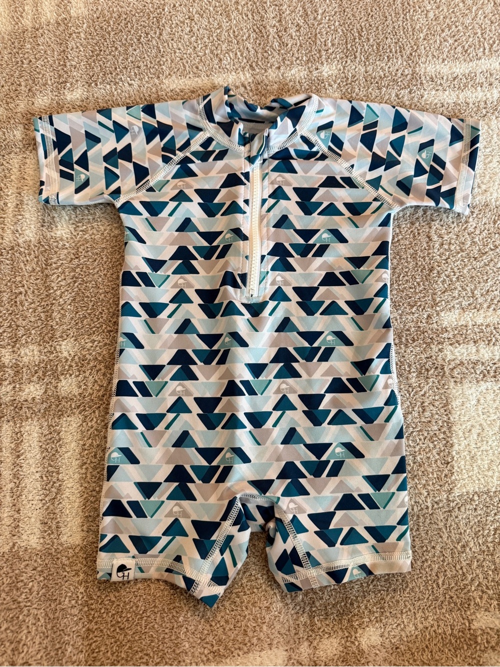 George Hats Sunsuit Swim Romper in Blue Geometric Print